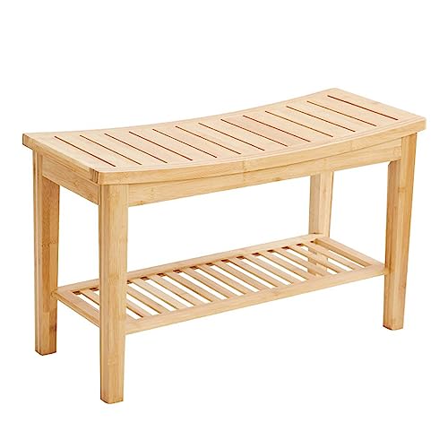 Wasserdichte Bambus-Duschbank mit 2-stöckigem Aufbewahrungsregal, stilvoller Holz-Sitzhocker für Badezimmer, Wohnzimmer, Schlafzimmer und Garten, ideal für Handtuch und Shampoo von Generisch