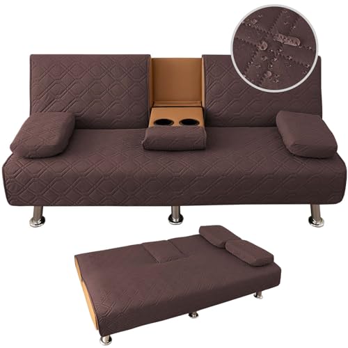 Wasserdichter Click Clack Sofa-Bettbezug, 3-Sitzer mit gestepptem Design, umwandelbar, faltbar, Futon-Bezug, abnehmbare Armlehnen, Getränkehalter, 2er-Set (Kaffee) von Generisch