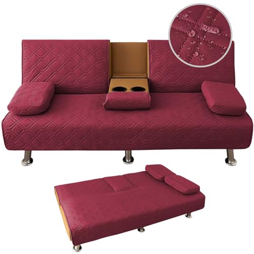 Wasserdichter gesteppter Click Clack Sofa-Bettbezug 3-Sitzer mit Armlehnen und Getränkehalter, 2er-Set (Weinrot, 4 Stück) von Generisch
