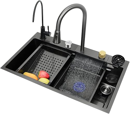 Wasserfall 304 Edelstahl Küchenspüle Set mit abnehmbarem Wasserhahn Integriertes Design Gunmetal Grey 68×45×21cm – Moderne Haushaltsspüle für stilvolle Küchen Wasserfall 304 Edelstahl Küchenspüle Set mit abnehmbarem Wasserhahn Integriertes Design Gunmetal Grey 68×45×21cm – Moderne Haushaltsspüle für stilvolle Küchen von Generisch