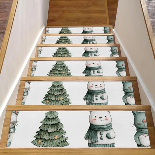 Wasserfarben-Treppenläufer mit niedlichen Figuren und Weihnachtsbaum, für Holzstufen, 20,3 x 76,2 cm, Teppich-Treppenläufer mit TPE-Klebe-Rückseite, für Kinder, ältere Menschen und Haustiere, 15 Stück von Generisch