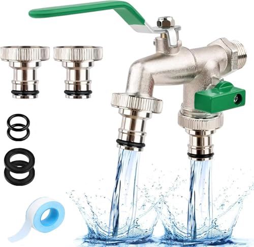 Wasserhahn Garten,Universal Doppel Auslaufhahn 1/2 Zoll & 3/4 Zoll Verteiler Außenwasserhahn mit mit 2x Gratis Schlauchanschlüsse, 1xRollendichtband, Doppelanschluss und Schlauchtülle-Grün Wasserhahn Garten,Universal Doppel Auslaufhahn 1/2 Zoll & 3/4 Zoll Verteiler Außenwasserhahn mit mit 2x Gratis Schlauchanschlüsse, 1xRollendichtband, Doppelanschluss und Schlauchtülle-Grün von Generisch