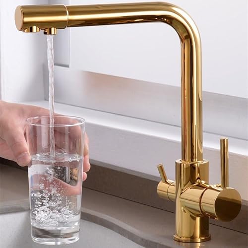 Wasserhahn Küche Mischbatterie Armatur Küchenspüle Küchenarmatur 3 Wege Küchenarmatur Filter 2 Wasserauslässe 360° drehbar 3 in 1 für Wasserfilter Gold Spültischarmatur Küche von Generisch