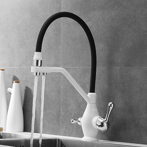 Wasserhahn Küche Mischbatterie Armatur Küchenspüle Küchenarmatur 3 Wege Waschtischarmatur mit herausziehbarer Brause Retro Stil flexibler Doppel Wasserauslass Wasserfilter Doppelgriffe Weiß von Generisch