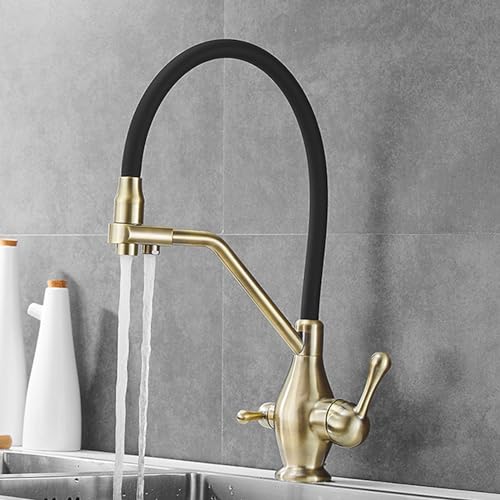 Wasserhahn Küche Mischbatterie Armatur Küchenspüle Küchenarmatur 3 Wege Waschtischarmatur mit herausziehbarer Brause Retro Stil flexibler Doppelwasserauslass Wasserfilter Doppelgriffe gebürstetes Gold von Generisch