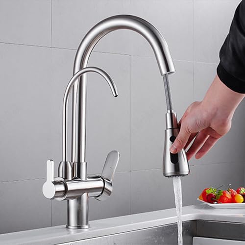 Wasserhahn Küche Mischbatterie Armatur Küchenspüle Küchenarmatur Trinken 3 in 1 Pull Out Gebürstet Gooseneck Pull Out 3 in 1 Pull Out Spültischarmatur Küche von Generisch