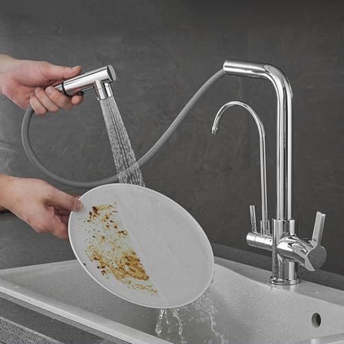 Wasserhahn Küche Mischbatterie Armatur Küchenspüle Küchenarmatur Wasserfilter 3 Wege Chrom Sprühgerät Dual Mode Wasserfilter mit herausziehbarer Sprühdüse Spültischarmatur Küche von Generisch