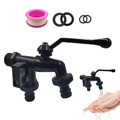 Wasserhahn für den Außenbereich, Messing, 1,27 cm (1/2 Zoll) Einlass, schwarz, frostsicher, Außenhahn, strapazierfähig, 2-Wege-Verteiler, Schlauchanschluss für Terrasse von Generisch