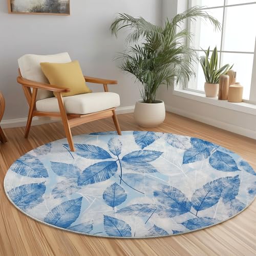 Weich Teppich Rund 150cm, Waschbar rutschfest Retro Wohnzimmerteppich Abstrakt Natur Pflanzen Blätter Kurzflor Bedruckter Teppich Geeignet für Schlafzimmer Esszimmer Küchen Blau Weich Teppich Rund 150cm, Waschbar rutschfest Retro Wohnzimmerteppich Abstrakt Natur Pflanzen Blätter Kurzflor Bedruckter Teppich Geeignet für Schlafzimmer Esszimmer Küchen Blau von Generisch