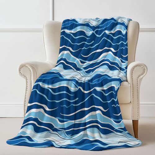 Weiche Kuscheldecke mit Einfach Handgezeichnet Wellen Drucken, Blau Flauschig Kuscheldecke für Mädchen Geburtstag Geschenke Sofa Couch Wohn Bett - 150 x 200 cm Maschinenwaschbar von Generisch
