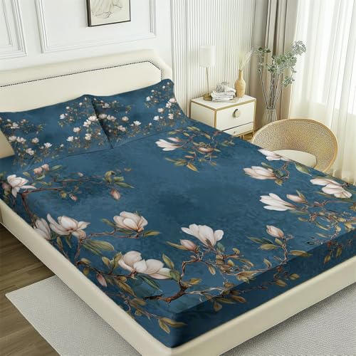 Weiche Spannbettlaken Set, Orientalisch Magnolie Grüne Blätter Bedrucktes Atmungsaktiv rutschfest Mikrofaser Blau Weiß Spannbetttuch mit Tiefe Tasche für Kinder Mädchen Teens - 140 x 200 cm Weiche Spannbettlaken Set, Orientalisch Magnolie Grüne Blätter Bedrucktes Atmungsaktiv rutschfest Mikrofaser Blau Weiß Spannbetttuch mit Tiefe Tasche für Kinder Mädchen Teens - 140 x 200 cm von Generisch