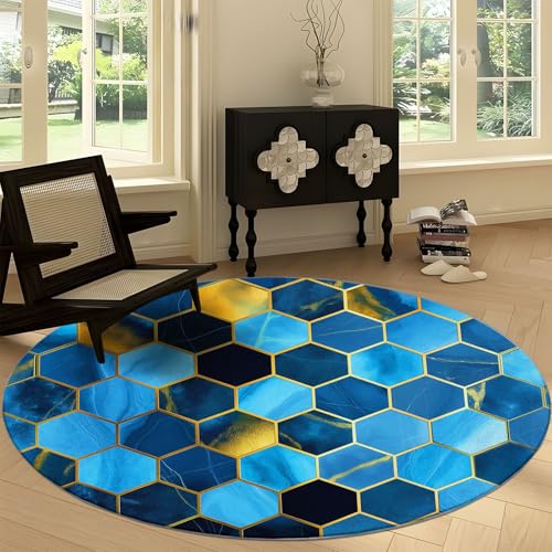 Weicher 90 cm Runder Rutschfester Teppich, Geometrie Gold Sechseck Waschbarer Teppich - Marmormuster Runde Läufer für Küche Waschraum Wohnzimmer Esszimmer Weicher 90 cm Runder Rutschfester Teppich, Geometrie Gold Sechseck Waschbarer Teppich - Marmormuster Runde Läufer für Küche Waschraum Wohnzimmer Esszimmer von Generisch