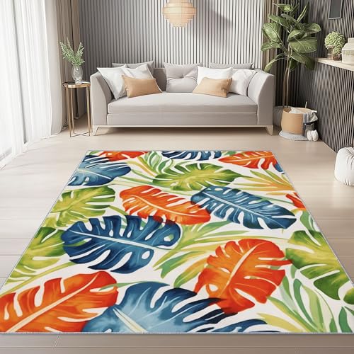 Weicher Flanell Teppich 140 x 200 cm, Bunt Moderner rutschfeste Teppiche mit Botanisch Tropische Blätter Druck für Wohnzimmer Schlafzimmer Kinder und haustierfreundlich von Generisch