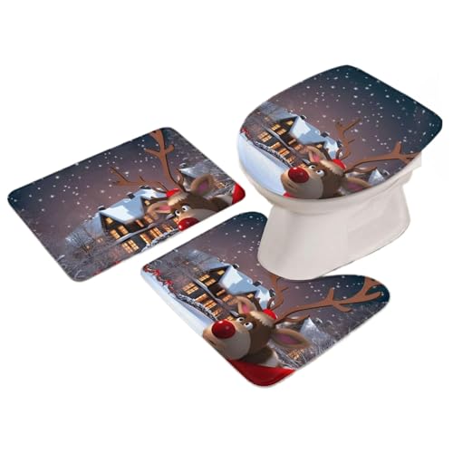 Weihnachtliches Badezimmer-Set, Weihnachts Badezimmer Deko Toilettendeckel Abdeckung, Festliche Bodendeko rutschfeste Matte Cartoon Design für Zuhause Studentenwohnheim Wohnmobil Hotel Apartment Miet von Generisch