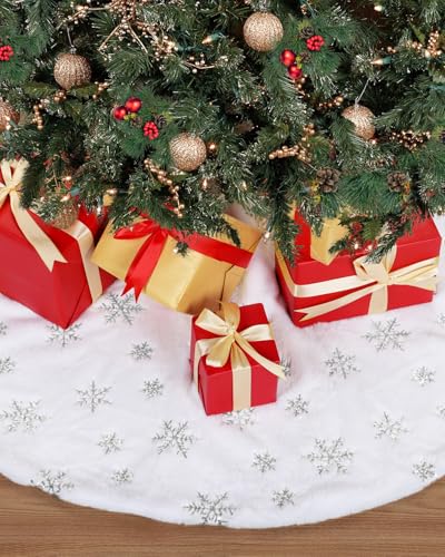 Weihnachtsbaum Decke Fell, Weihnachtsbaumdecke Rund 122cm, Schneedecke Tannenbaum Teppich, Christbaumdecke Baumdecke Weihnachtsbaum weiß mit Silber Schneeflocken, Christbaum Unterlage Unterdecke von Generisch