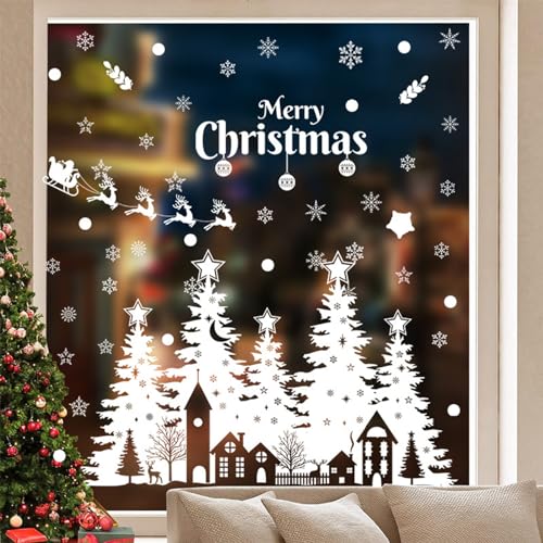 Weihnachtsdeko,Weißer Weihnachtsbaum Elch Weihnachten Fensterbilder, Fensterfolie Doppelseitiger Wiederverwendbarer Elektrostatischer Kleber Geeignet für Schaufenster Glastüren 98×40cm von Generisch