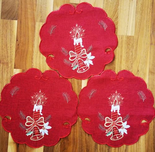 Weihnachtstischdecke Deckchen Bestickt 30 cm rund Kerze und Glocken 3er Packung (30rd) von Generisch