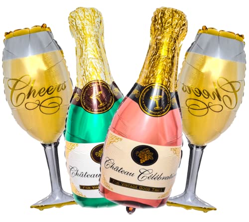 Weinflasche Flasche & Sektglas Folienballon Silvester Geburtstag Dekoration Gold Luxus Set Luft Ballon Deko (Sekt Grün/Rosa) von Generisch