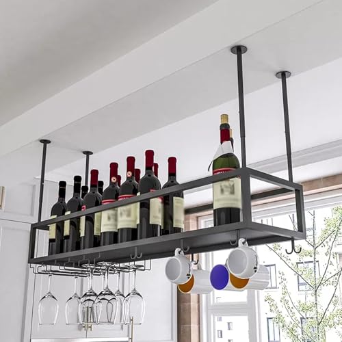 Weinflaschenregal aus Metall zum Aufhängen für Zuhause, Bar, Ausstellung, moderne schwebende Aufbewahrungsregale mit Glashalter, Wandmontage, Weinbecher-Organizer (schwarz, 100 cm) von Generisch