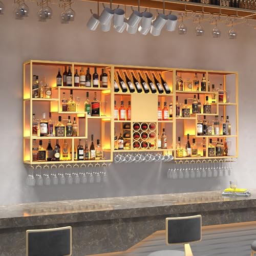 Weinregal Großes Regal zur Präsentation von Spirituosenflaschen mit Stielglasaufhänger industrielles Regal zur Präsentation von Barflaschen mit LED-Leuchten wandmontierte Lagerregale 170 x 25 x 120 cm von Generisch