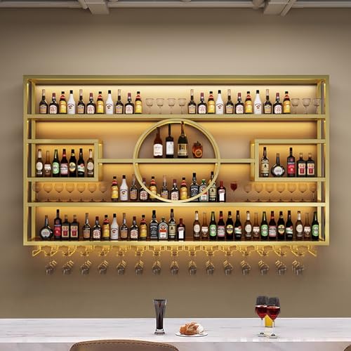 Weinregal aus Metall, Wandmontage, Barregal mit Weinglashalter, Eisenstange, Likörregal, schwebende Wand-Weinregale, Bar, Likörflaschen, Ausstellungsregal für Küche, Bar, Dekoration, Gold/Schwarz (G von Generisch