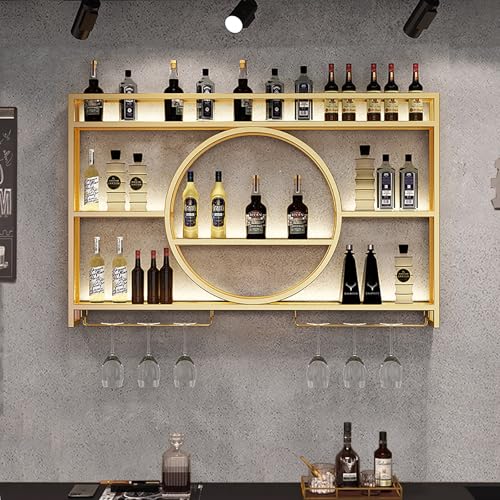 Weinregal aus Metall, Wandmontage, mit LED-Beleuchtung mit Glashalter, Barregal, schwebendes Wandregal mit Stielgläsern, Likörflaschen-Ausstellungsregal, Wandregal für Zuhause, Küche, Wohnzimmer Weinregal aus Metall, Wandmontage, mit LED-Beleuchtung mit Glashalter, Barregal, schwebendes Wandregal mit Stielgläsern, Likörflaschen-Ausstellungsregal, Wandregal für Zuhause, Küche, Wohnzimmer von Generisch