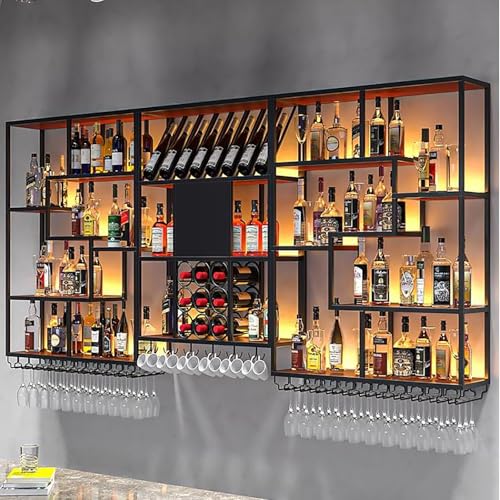 Weinregal aus Metall mit großem Fassungsvermögen, Wandmontage mit LED-Lichtern, inklusive Weinglashalter für stilvolle Likör-Präsentation und Organisation von Generisch
