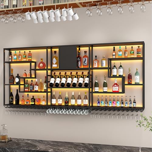 Weinregal aus Metall zur Wandmontage, mit LED-Licht, 3 Etagen, Hängeaufbewahrung für Kelche und Flaschen, stilvoller schwarzer Weinhalter für Küche und Wohnzimmer Weinregal aus Metall zur Wandmontage, mit LED-Licht, 3 Etagen, Hängeaufbewahrung für Kelche und Flaschen, stilvoller schwarzer Weinhalter für Küche und Wohnzimmer von Generisch