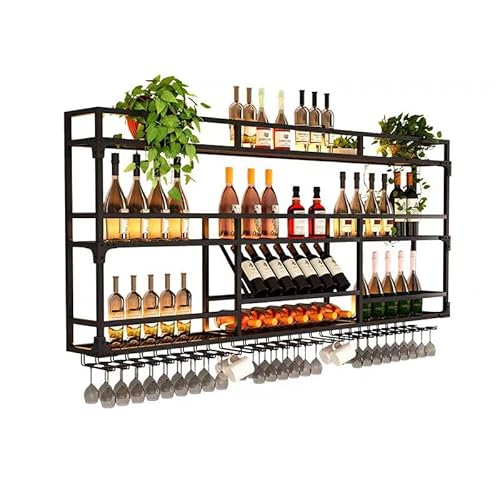 Weinregal aus Metall zur Wandmontage mit LED-Licht – 3-stöckiges Weinregal mit Glashalter – platzsparendes Flaschenregal für Zuhause, Bars, Esszimmer (Gold, 180 cm) von Generisch