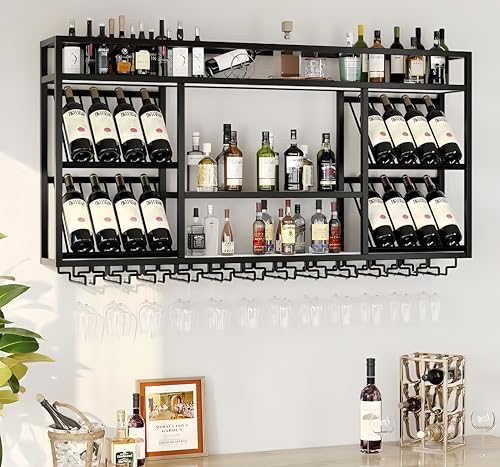 Weinregal zur Wandmontage, 3-stöckiges Wand-Barregal mit Glashalter, industrielles Metall-Weinaufbewahrungsregal für Hausbars oder Küchen-Display, Gold von Generisch