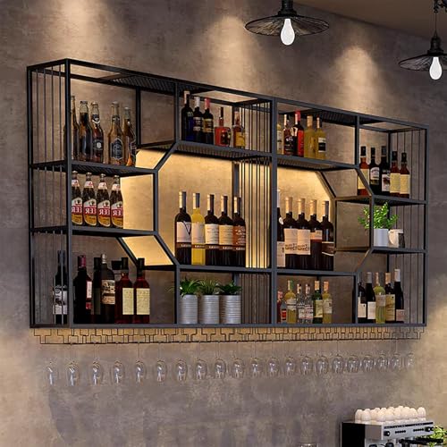 Weinregal zur Wandmontage, mit Glashalter, Eisen-Spirituosenregal mit LED-Licht, schwimmende Weinregale aus Metall für Küche und Wohnzimmer Weinregal zur Wandmontage, mit Glashalter, Eisen-Spirituosenregal mit LED-Licht, schwimmende Weinregale aus Metall für Küche und Wohnzimmer von Generisch