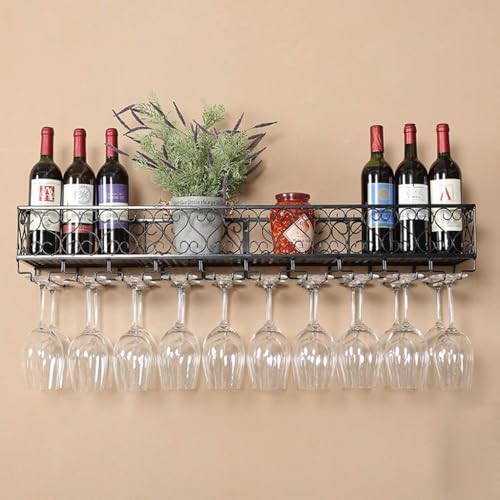 Weinregal zur Wandmontage, rustikaler Metall-Weinflaschenhalter mit Stielgläser-Aufbewahrung, schwebende Regale im Vintage-Stil, für Küchenorganisation, 80 x 25 cm von Generisch