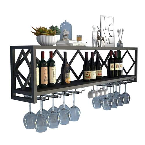 Weinregal zur Wandmontage, schwimmendes Barregal mit Likörflaschen-Display und hängendem Glashalter, stilvolle Küchenaufbewahrung für Zuhause, Bar und Esszimmer (schwarz) von Generisch