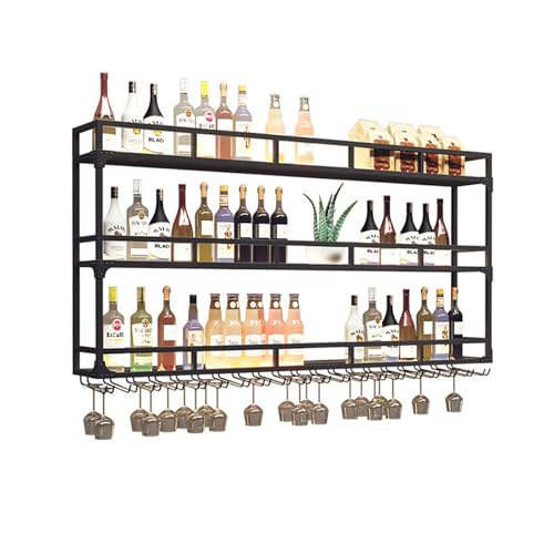 Weinregal zur Wandmontage mit LED-Licht, Bar-Hängeregale, Likörflaschen-Ausstellungsregal, industrielles schwebendes Wandregal mit Weinglashalter, Metall-Weinständer für Küche, Schwarz von Generisch