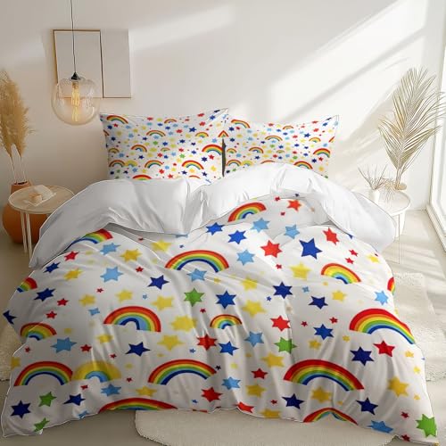 Weiß Mädchen Bettwäsche 135 x 200 cm, Niedliche Bunte BogenbrüCke Sterne Thema Weich Mikrofaser Kinder Bettbezug mit 2 Kissenbezug - Farbecht Wende Junge Bettwäsche Set mit Reißverschluss von Generisch