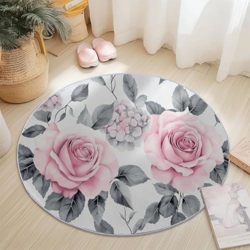 Weiß Runder Teppich 90 cm Round Eingangsbereich Teppich Rose Hortensie Blätter, Kleiner Kreis Bereich Küche Läufer rutschfest Innenschlafzimmer Waschbar Läufer von Generisch