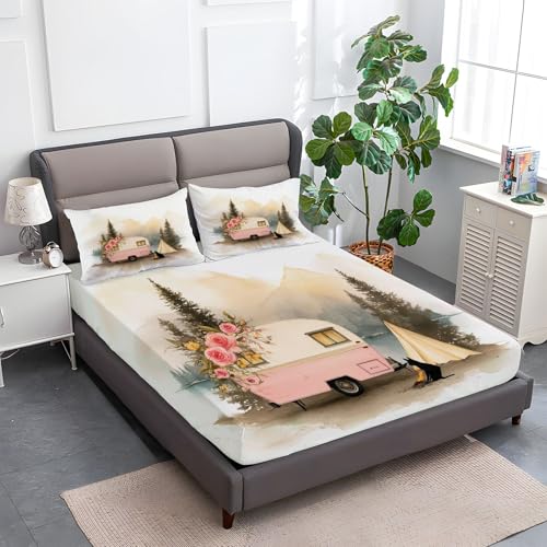 Weiß Spannbettlaken Weiche Atmungsaktivem 200 x 200 cm, Tiefe Tasche Matratzenschoner rutschfeste Atmungsaktive Retro Wohnmobil Zelt Spannbettlaken für Kinder Erwachsene von Generisch