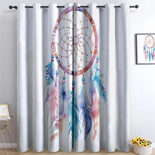 Weiß Vorhänge Aquarellmalerei Traumfänger Gardinen mit Ösen Vorhang Blickdicht Verdunklungsvorhänge Schiebevorhänge Schlafzimmer Wohnzimmer & Kinderzimmer Blackout Curtain 2er Set H215 x B110 cm von Generisch
