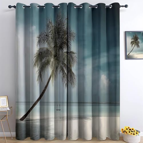 Weiß Vorhang Blickdicht Thermovorhang Fotografie Strand Palmen Schaukel Gardinen Wohnzimmer kälteschutz mit Ösen Vorhänge, für Schlafzimmer Wohnzimmer Fenster H166 x B75 cm (2er Pack) von Generisch