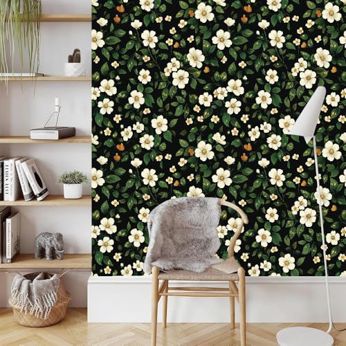 Weiße Blumen Klebefolie Möbel 0.4x5 M Natur Grüne Pflanzen Selbstklebende Tapete Abziehen Aufkleben Wallpaper Entfernbare Wandverkleidung Dekoratives für Küche Arbeitsplatte Schränke Tische Wand von Generisch
