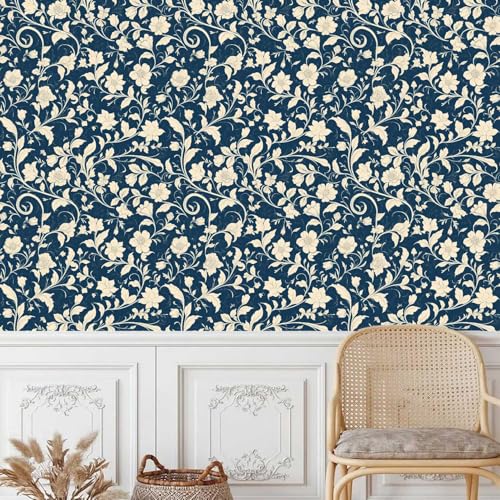 Weiße Blumen Tapete Selbstklebende Blaue Retro Ranken Möbelfolie Verdicken Wasserdicht Matt Kontaktpapier mit Kleberückseite Wallpaper Rollen für Wand Tabellen Schränke Türen Dekorativ 0.52x20 M von Generisch