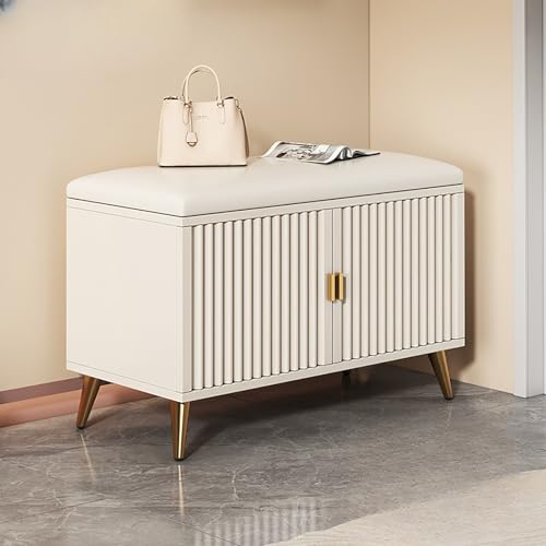 Weiße Holz-Schuhbank mit Kissen, Sitz, Eingangs-Organizer mit Türen und verstellbaren Regalen, verstecktes Schuhregal für Flur und Eingangsbereich, 90 cm Weiße Holz-Schuhbank mit Kissen, Sitz, Eingangs-Organizer mit Türen und verstellbaren Regalen, verstecktes Schuhregal für Flur und Eingangsbereich, 90 cm von Generisch