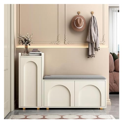 Weiße Schuhbank mit Schrank, Metallrahmen und Holzsitz, Eingangsbereich, Schuhregal für Flur und Haustür, 80 cm, Schuhbank mit Stauraum Weiße Schuhbank mit Schrank, Metallrahmen und Holzsitz, Eingangsbereich, Schuhregal für Flur und Haustür, 80 cm, Schuhbank mit Stauraum von Generisch
