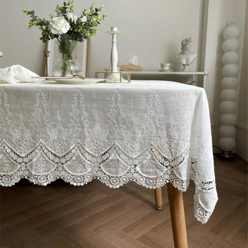 Weiße Spitze bestickte Baumwoll-Tischdecke für Hochzeiten und Partys, elegante Tischdecke (135 x 220 cm), perfekt für Dekoration und Event-Styling von Generisch