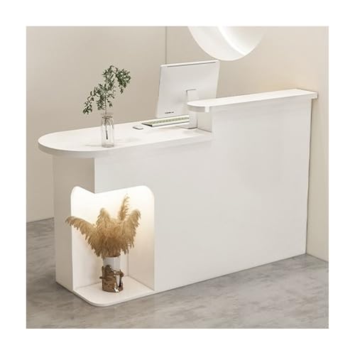 Weißer Büro-Empfangstisch mit geräumiger Schreibtisch-Ambientebeleuchtung und Design-Vitrine und Kassen-Schreibtisch für moderne Arbeitsbereiche (links 110 cm) von Generisch