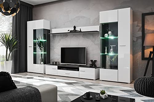 Weißer Hochglanz-LED-TV-Ständer für Wohnzimmer, modernes 4-Punkt-LED-Design, hohe Vitrine mit schwebendem Regal, 340 x 190 x 40 cm Weißer Hochglanz-LED-TV-Ständer für Wohnzimmer, modernes 4-Punkt-LED-Design, hohe Vitrine mit schwebendem Regal, 340 x 190 x 40 cm von Generisch