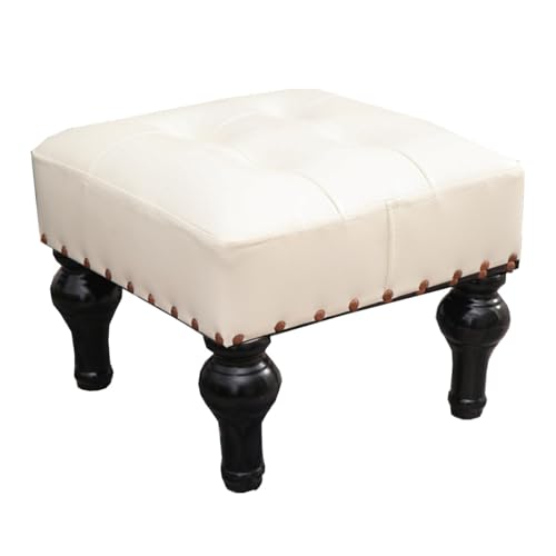 Weißer Leder-Pouf Ottomane – stilvolle stapelbare Fußstütze mit Holzbeinen für Wohnzimmer, Schlafzimmer, Eingangsbereich – gepolsterter kleiner Hocker für Sofa und Dekoration von Generisch