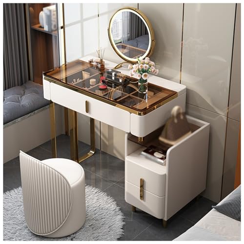 Weißer Schminktisch mit Tischplatte aus gehärtetem Glas, 3-farbiger LED-Spiegel, 3 Schubladen und offenes Regal, inklusive gepolstertem Hocker (Größe: 70 x 40 x 75 cm) von Generisch