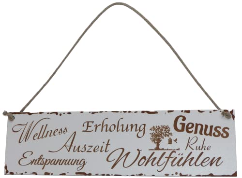 Wellness Erholung Auszeit Entspannung Wohlfühlen Schild Shabby Chic Deko weiß Geschenk Deko Holz HDF ca 28 x 8 cm Wanddeko Wandbild Hängeschild mit Kordel Wellness von Generisch