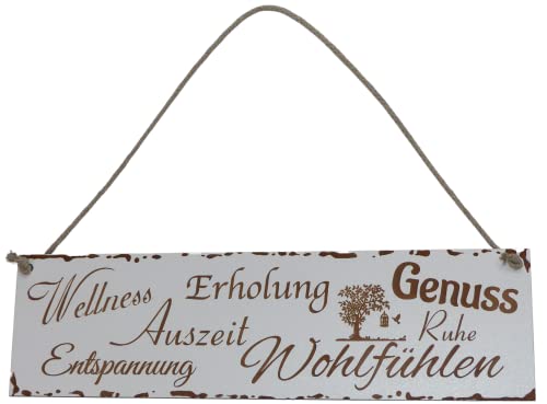 Wellness Erholung Auszeit Entspannung Wohlfühlen Schild Shabby Chic Deko weiß Geschenk Deko Holz HDF ca 28 x 8 cm Wanddeko Wandbild Hängeschild mit Kordel Wellness von Sunature